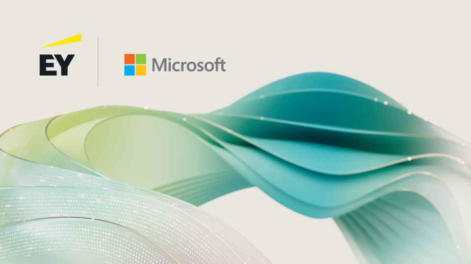 On a tan background, logos of EY and Microsoft sit near teal wavy lines.