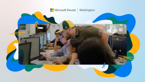 Digital collage featuing people collaborating in a computer lab, with an instructor leaning over to assist participants working on desktop computers. The background features the Microsoft Elevate Washington branding with colorful abstract shapes.