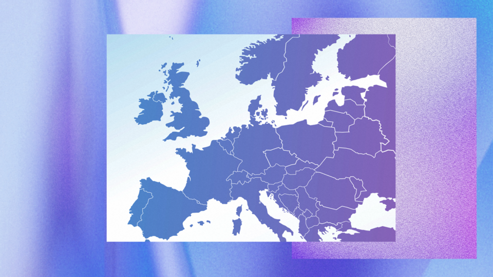 Digital collage featuring a stylized map of Europe with country outlines in white over blue and purple gradient tones, set against a soft, abstract background with layered translucent shapes in shades of blue and violet.