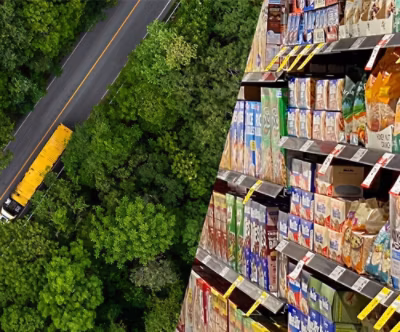 Aerial view of a supermarket aisle with shelves and a yellow school bus driving along a jungle road outside.