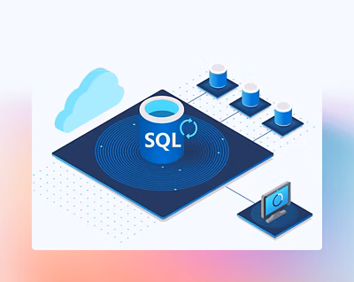 An isometric view of a SQL database connecting to external systems or computers.
