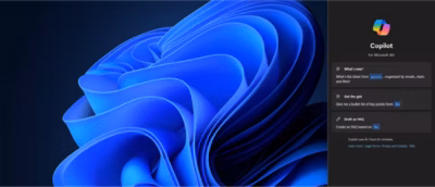 A desktop screen showing a blue abstract background on the left