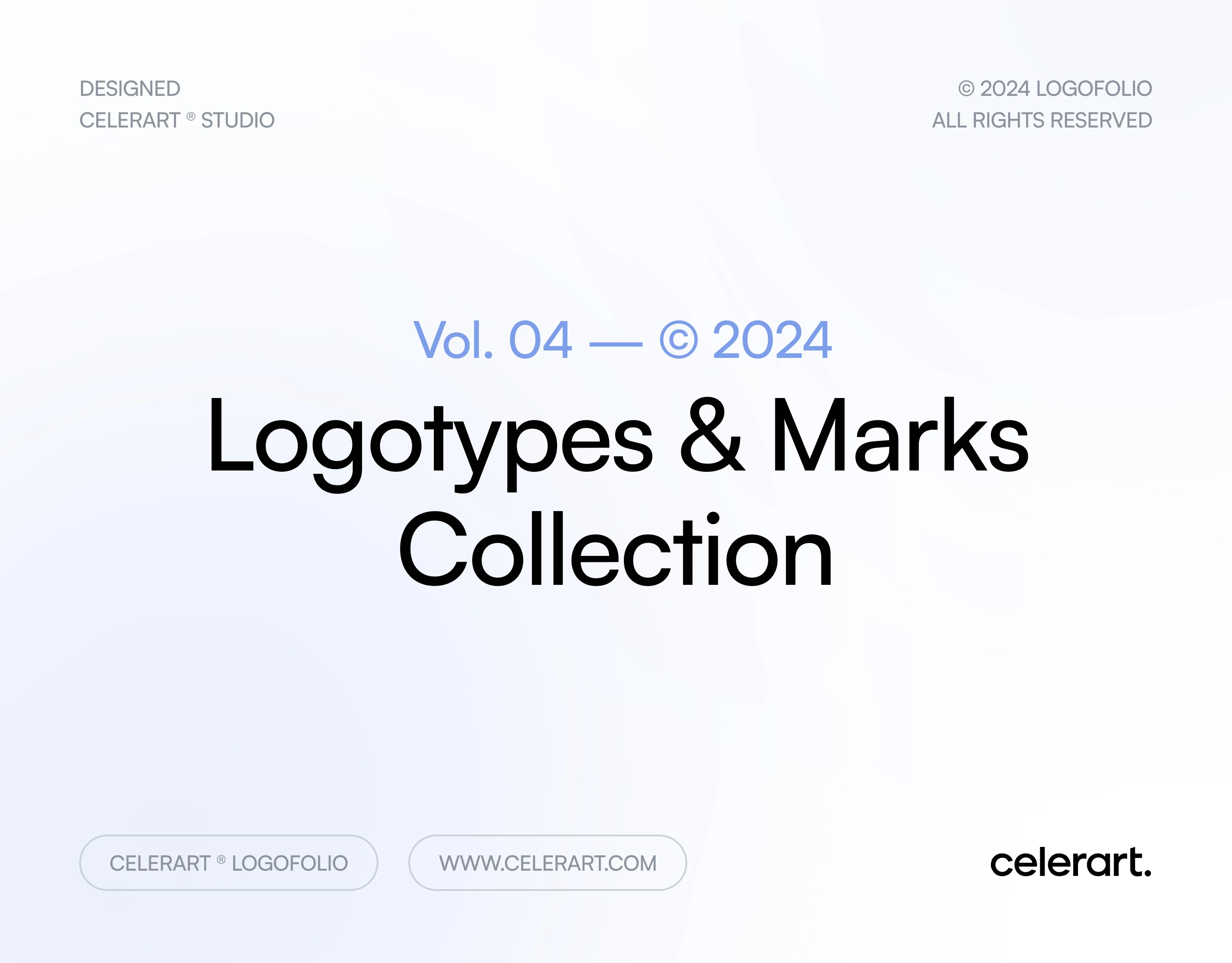 Simple cover design with 'Logotypes & Marks Collection' in bold black text, accompanied by 'Vol. 04 — © 2024' in light blue, set against a soft gradient background.