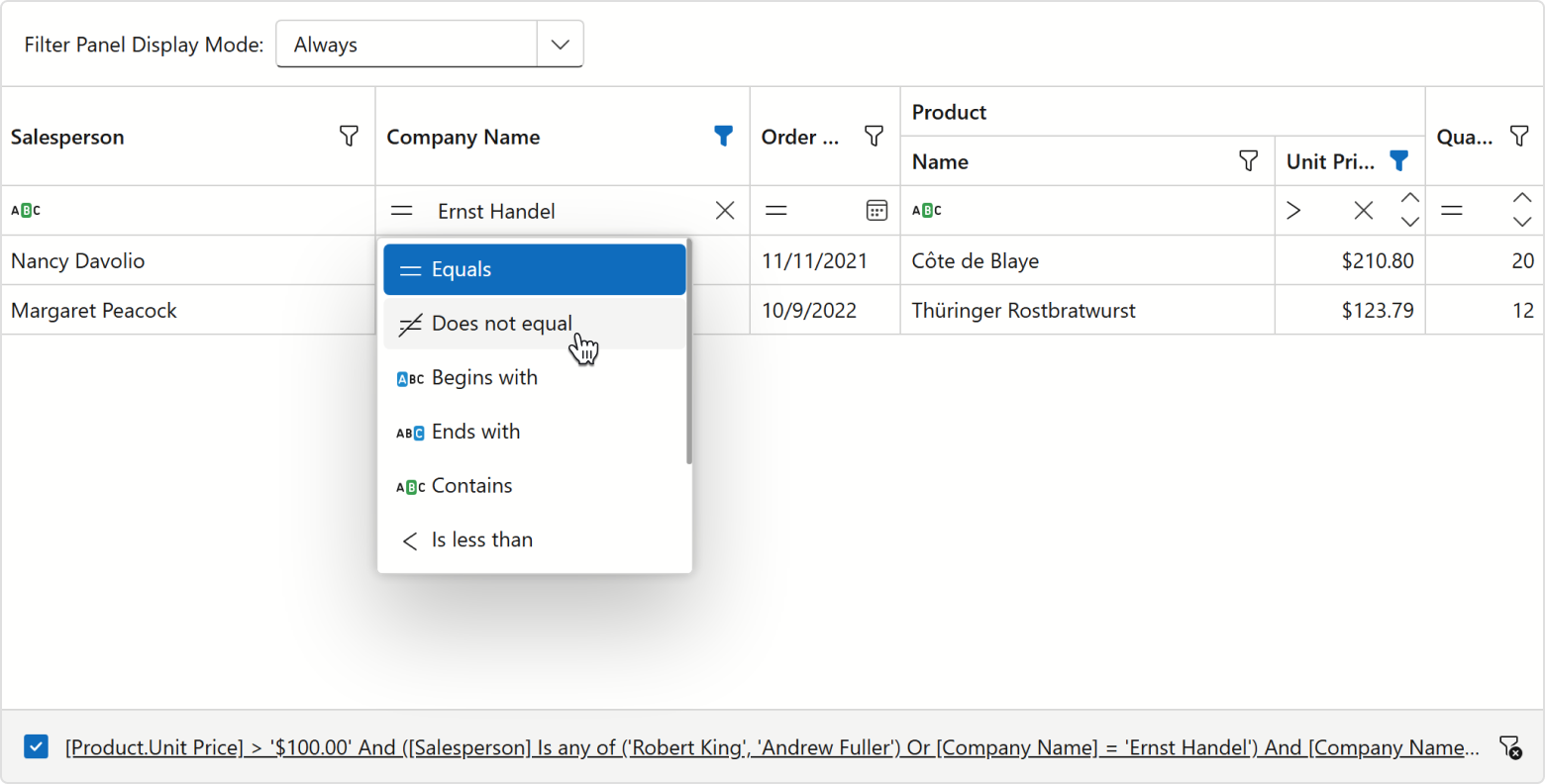 Grid - Built-in criteria selector menu