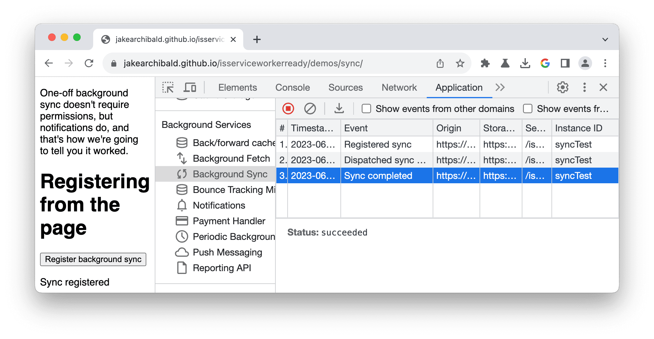 A log of events in the Background sync tab.