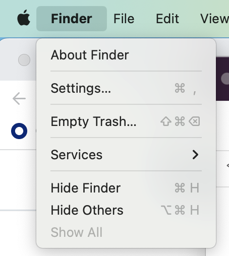 Screenshot der Menüleiste auf einem Mac. Das Aufklappmenü „Finder“ ist erweitert.