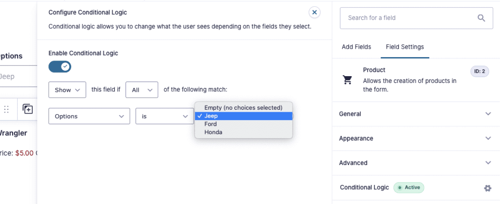 Image showing Conditional Logic Settings for a field