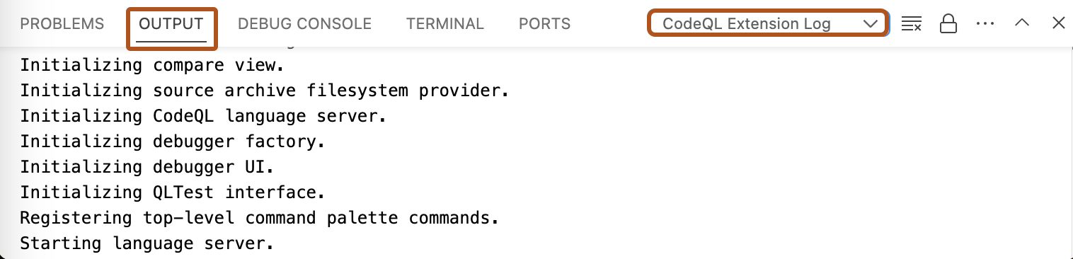 Capture d’écran de la fenêtre «&nbsp;Sortie&nbsp;» dans VS Code (comme mis en surbrillance en orange foncé). La liste déroulante est également mise en surbrillance, avec l’option «&nbsp;Journal des extensions CodeQL&nbsp;» sélectionnée.