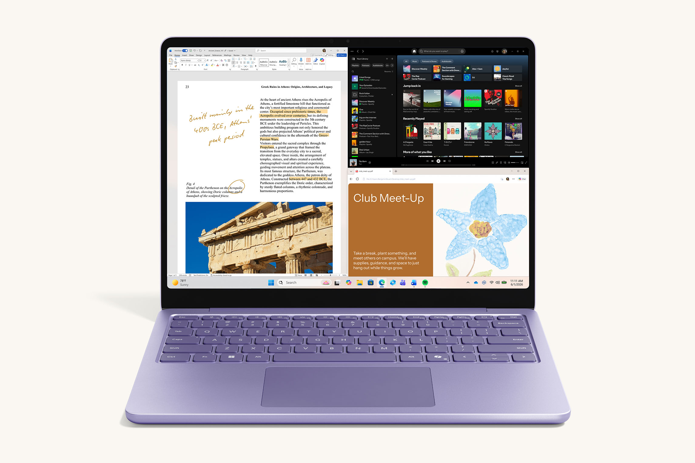 Violet 13-inch laptop displaying a split-screen view with document editing, music app, and web content