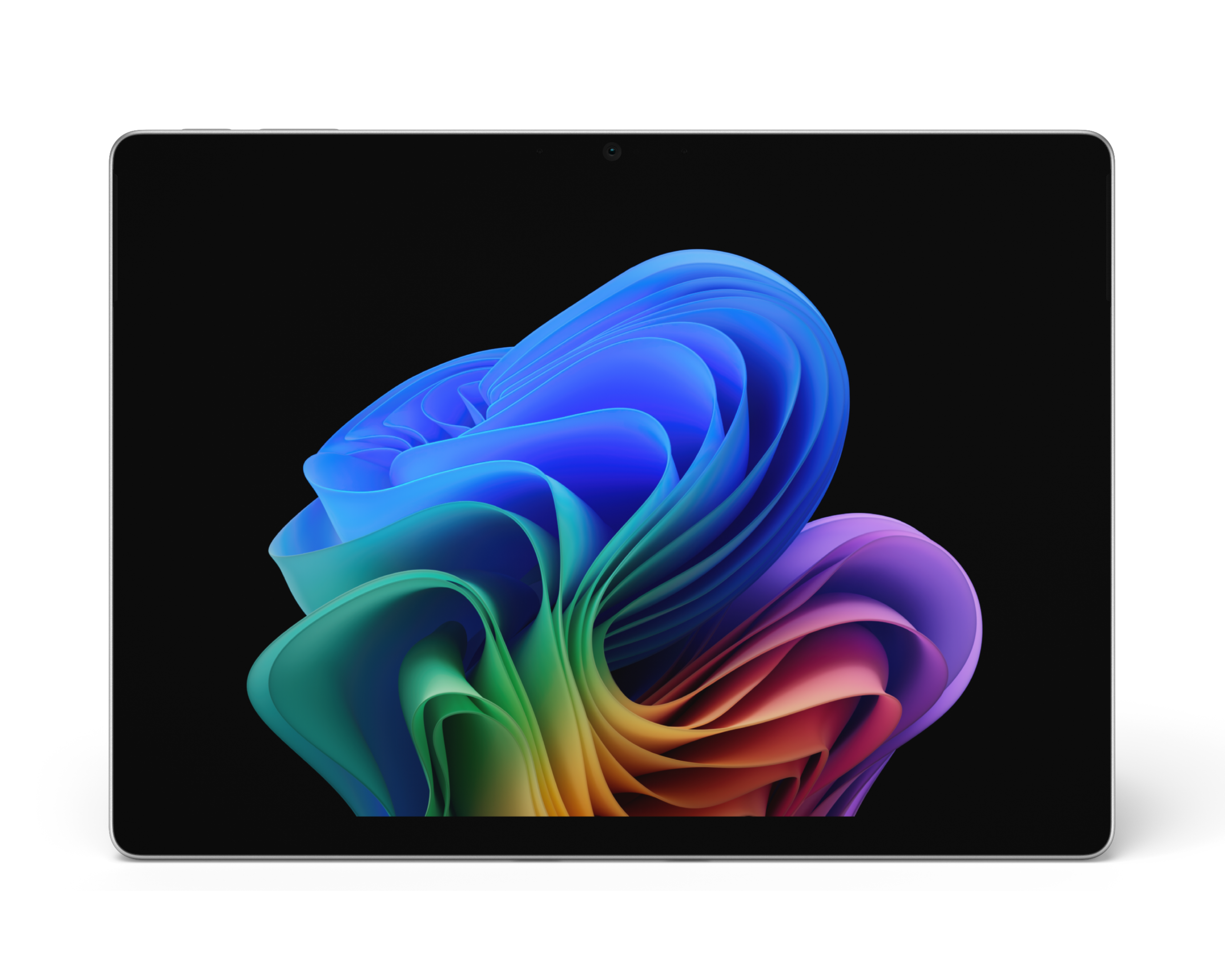 13-inch tablet in violet displaying an abstract design with flowing blue, green, and orange waves on screen.