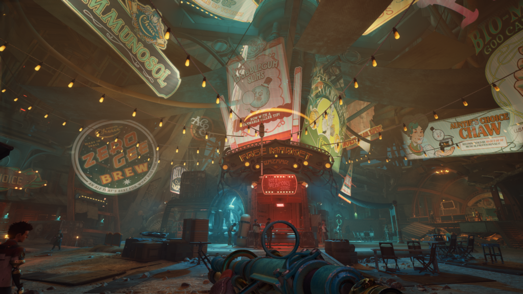 The image depicts a vibrant, futuristic indoor market scene with a cyberpunk aesthetic. The environment is dimly lit with warm, decorative string lights hanging across the space, creating a cozy yet bustling atmosphere. Numerous colorful, illuminated signs and advertisements are displayed prominently, featuring slogans and graphics for fictional products such as 'Zero Gee Brew,' 'Auntie's Choice Chaw,' 'Bubblegum Slims,' and 'Immunosol.'