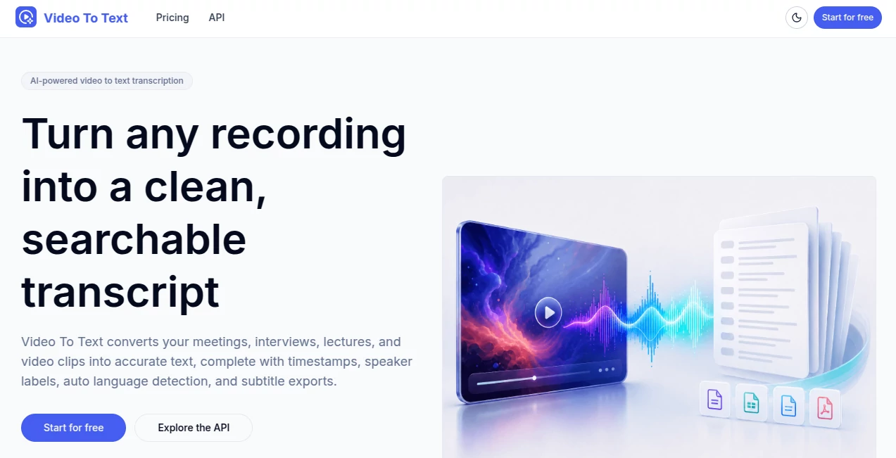 Screenshot of Video To Text – An AI tool in the ,AI Transcription ,AI Speech to Text ,AI Productivity Tools ,Video  category, showcasing its interface and key features.