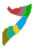 Les 7 États fédérés de la Somalie de jure depuis 2023 : Somaliland (rouge), Khatumo (gris), Pount (vert), Galmudug (bleu), Hirshabelle (jaune), Somalie-du-Sud-Ouest (bleu-vert) et le Jubaland (olive) auxquels s'ajoute Muqadishu (Mogadiscio) (capitale fédérale, violet).