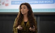 Jessica Maguire, Project Us Coordinator runs and Project Us world café focusing on Climate Action. Pictured at Concern’s annual Agents of Change event in Croke Park. Photo: Ruth Medjber / Concern Worldwide.