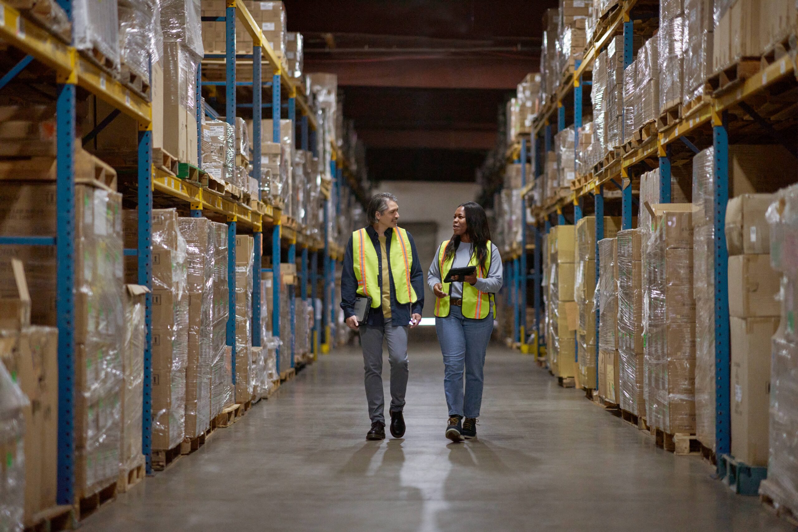 Two warehouse workers wearing safety vests walk down a warehouse aisle lined with stacked pallets and shelving.