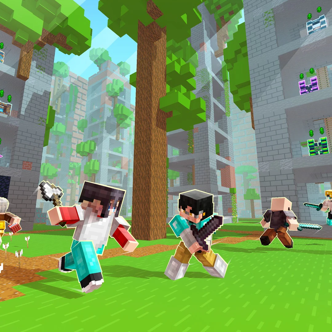Minecraft players battle each other with different weapons in a nature-reclaimed urban landscape.