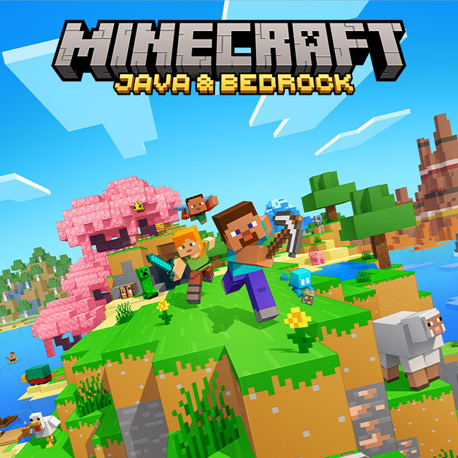 Steve and Alex run out of a cave under the text Minecraft Java & Bedrock Edition