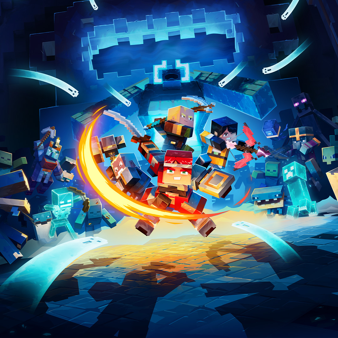 Four Minecraft heroes battle a horde of hostile mobs in a glowing blue arena.