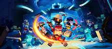 Four Minecraft heroes battle a horde of hostile mobs in a glowing blue arena.